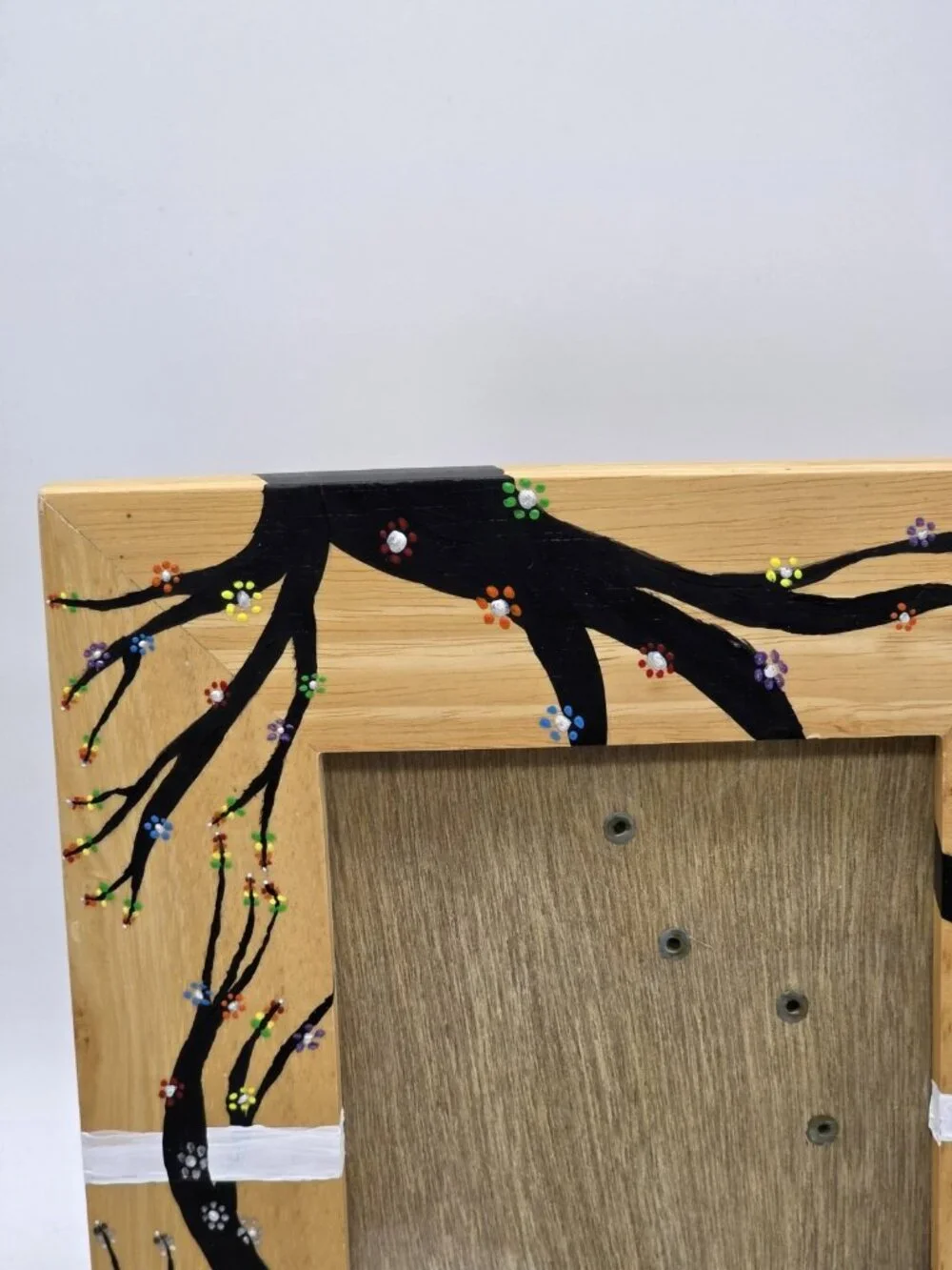 Pottery Barn Oak Picture Frame With Handpainted Black Flowering Tree Boho OOAK